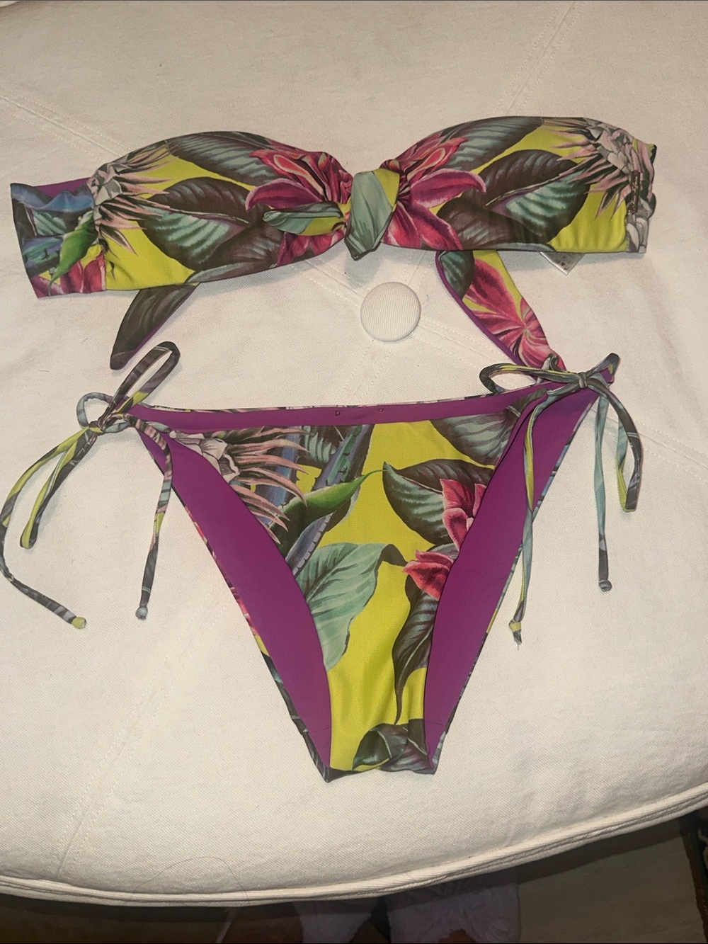 Mara Hoffman Tropical Floral Bandeau Bikini - Lime, Magenta, Green